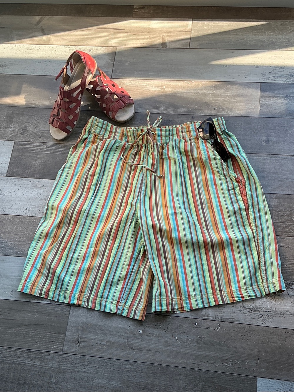 Ladies Bermuda Striped Drawstring Shorts - Multi-Color L